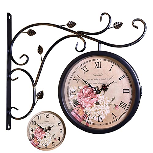 Double Sided Outdoor Clocks Iron Silent Grand Central Station Wall Clock Quiet Art Clock Weatherproof Casing Double Faced Decorative Garden Clock (B) (D)