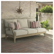 BOWERY HILL Outdoor Patio Eucalyptus Wood Sofa, Beige Finish, 81" Wide, Polyester Cushions with Nuvella Fabric, All-Weather Foam, 4 Throw Pillows, Durable Outdoor Furniture for Garden or Deck