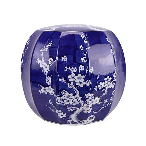 JOYNOW Ceramic Garden Stool Decorative Garden Stools Celadon Landscape Ceramic Drum Stool Hand Painted Ice Plum Polygonal Stool Bathroom Living Room Stool Ornament Garden Stool Ceramic(A)