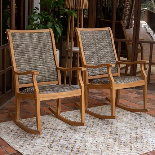 Cambridge Casual Emerson Teak Porch Rocking Chair Set of 2, Solid Teak Wood Outdoor Rockers with Padded Woven Seat, Weather-Resistant Wicker