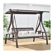 HAOKAZLBR Large Outdoor Brown Cast Aluminum Contemporary Patio Swing Chair with Canopy and Cushions