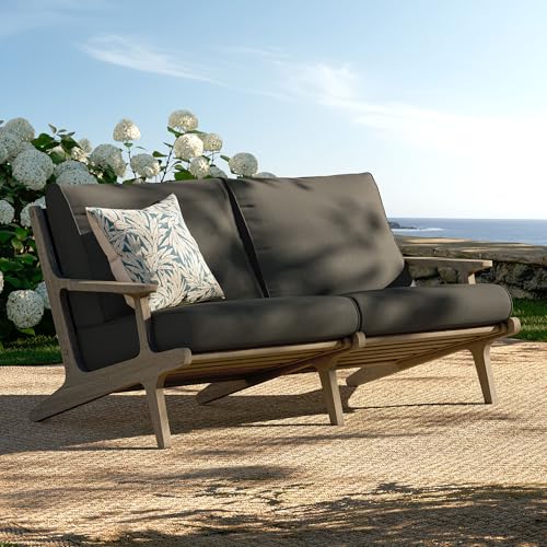 Modway Saratoga Teak Outdoor Patio Loveseat in Weathered Gray Flint – 2 Seater Outdoor Couch with Weather-Resistant Cushions – Wooden Porch Loveseat