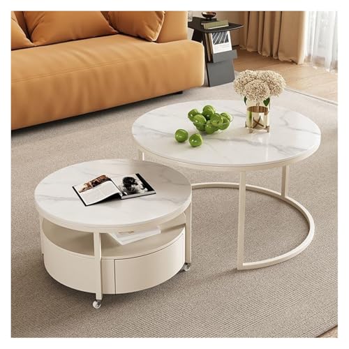 DINBOZ26X Living Room Table Rock Slab Coffee Table Home Round Combination Retro Coffee Table Black Coffee Table Iron Living Room Mobile Coffee Table with Rollers Outdoor Side Table(White)