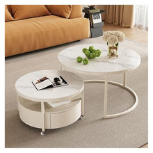 DINBOZ26X Living Room Table Rock Slab Coffee Table Home Round Combination Retro Coffee Table Black Coffee Table Iron Living Room Mobile Coffee Table with Rollers Outdoor Side Table(White)