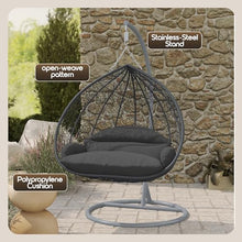 LeisureMod Hanging Egg Chair with Stand for Indoor Outdoor Wicker Patio Swing Chair Open Weave Basket Design with Cushion Metal Frame for Patio Garden Balcony (Grey Frame Dark Grey Cushion)