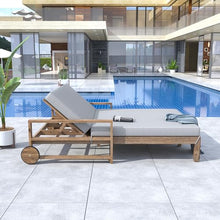 VilroCaz Acacia Wood Outdoor Patio Daybed Sunbed with Movable Wheels, All Weather Chaise Lounges Reclining Chairs, 2 People Seating for Poolside Garden Backyard (Grey-27)