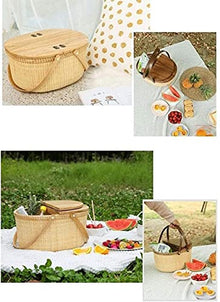 YRHH Insulated Cooler Bag, Picnic Basket, Outdoor Camping Picnic Basket, Hand Woven Garden Picnic Basket, Large Storage Basket Lid-A