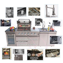 98-Inch Outdoor Kitchen Island with 4-Burner Gas Grill, 72000 BTU 304 Stainless Steel BBQ Bar, Black Granite Countertop, Built-in Wine Cooler Refrigerator, Rotisserie Kit & Storage Cabinets, Silver