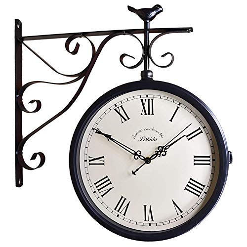EHVYBDX Double Sided Wall Clock Vintage, Clock for Garden Outdoor Home Silent Non-Ticking Wall Mounted Clock,C