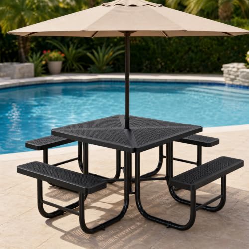 CECER Metal Picnic Table Set, 8-Person Square Outdoor Bench, Rust-Proof