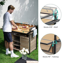 YITAHOME XL Outdoor Kitchen Wicker Island Rolling Cart Bar Table & Storage Cabinet, Wheels and Plastic Wood Extended Table Top, Double Handle for Patio Kitchen or Bar Cart,Light Yellow Gradient