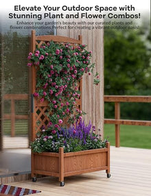 61.5 Inches Raised Garden Bed With Diamonds Lattice Trellis, Galvanized Mobile Outdoor Planter Box for Climbing Plants/Vines, Freestanding Planter Container With Drainage Holes, Optional Wheels