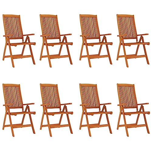 Makastle Folding Patio Dining Chair Set of 8, Reclining with 5 Positions, Solid Eucalyptus Wood, Brown, 22.8" x 28" x 44.1"