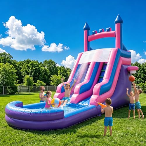 26FT Inflatable Water Slide for Big Kids & Adults, Commercial-Grade Heavy-Duty PVC Inflatable Castle Water Park with Large Splash Pool, Above Ground Pool Slide, 950W Blower, Purple Castle