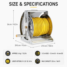 Garden Hose Reel with 10, 20, 30 or 40 m Hose Options, 304 Stainless Steel Frame, Wall or Floor Mount, Smooth Hand Crank, Brass Connectors and Multi-Pattern Nozzle 40m