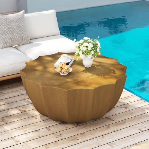 35" Indoor Round Coffee Table, Waterproof Coffee Table Modern MgO Cement Design End Tables for Living Room, Outdoor Patio Coffee Tables for Garden, Backyard, Balcony, Wood