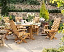 WholesaleTeak New 7 Pc Luxurious Grade-A Teak Dining Set - 60" Round Table and 6 Multi Position Folding Reclining Warwick Arm Chairs #WHDSWR2