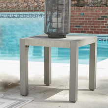 Signature Design by Ashley Moonlight View Contemporary Weather Resistant Outdoor End Table with Sintered Stone Top, Light Gray