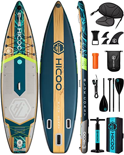 HICOO Inflatable Paddle Board with Kayak Seat, Double Blade Paddle, Waterproof Bag - Wooden Dark Blue