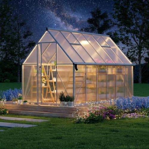 Garvee 8 x 14 ft Outdoor Polycarbonate Greenhouse Kit, Heavy Duty Greenhouse with Reinforced Aluminum Frame, Adjustable Roof Vent, Lockable Door & Quick-Connect Assembly
