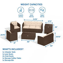 Nestl 6-Piece Patio Furniture Set with Storage Box, Brown Wicker/Beige Cushions