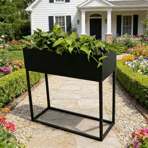 Dalumian Elevated Planter Box, Raised Garen Bed, Narrow Plant Stand with Drainage Holes, Galvanized Iron, Rectangle Planter for Patio Garden Balcony (Black)(100 * 25 * 80cm)
