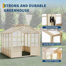 Garvee 8x8 ft Wooden Greenhouse, Greenhouses for Outdoors with Lockable Door, Wood Frame & Adjustable Vent, Heavy Duty Greenhouse with Polycarbonate Panel for Outside, Garden, Yard, Light Brown