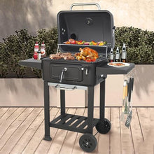 Portable Charcoal BBQ Grill, Charcoal BBQ Grill Trolley with Wheels and 2 Folding Side Table, Visual Thermometer, Adjustable Air Vent, Lifting Charcoal Basin, for Home Garden Cooking