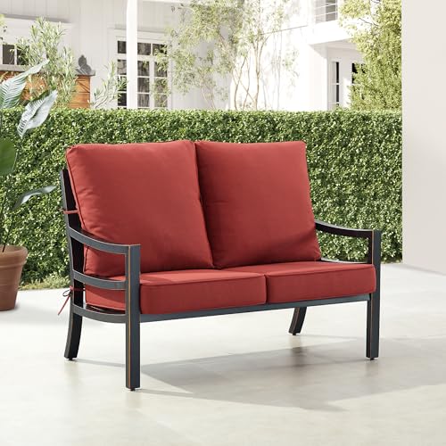 Oakland Living Black Aluminum Patio Deep Seating Outdoor Two Seater Loveseat with Red Cushions