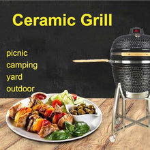Ceramic Grill, Outdoor BBQ Smoker with Wooden Handle, Stainless Steel Grid Pan for Backyard Camping & Garden Party(B,21in)