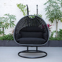 LeisureMod Mendoza Charcoal Wicker 2 Person Patio Hanging Double Egg Swing Chair with Stand & Cushions for Indoor Outdoor Patio Garden (Dark Grey)
