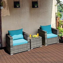 3 PC Patio Rattan Furniture Bistro Set Cushioned Sofa Chair Turquoise Single Sofa Coffee Table