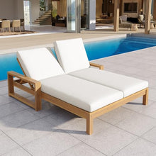 Merax Outdoor Double Lounge Chair with 5-Position Adjustable Backrest for Each Seat, Wood Patio Chaise Lounge with Armrests & Removable Cushions for Patio Poolside Garden, All-Weather, Light Teak