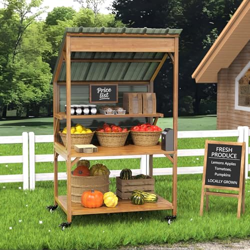 GDLF Rustic Wooden Farm Stand with Metal Roof and Display Counter