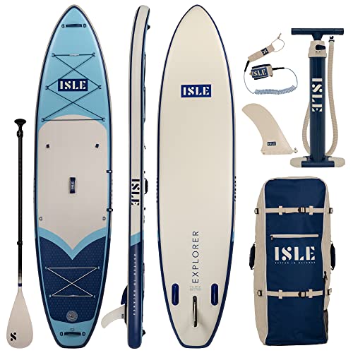 ISLE Surf and SUP Explorer Inflatable Stand Up Paddle Board & iSUP Bundle Accessory Pack, Aqua/Navy