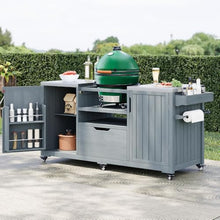 K&K Outdoor Kitchen Island, Grill Cart for Big Green Egg, Solid Wood Tabletop Grill Station with Stainless Steel Top, Patio BBQ Storage, Outdoor Cooking, Compatible with Kamado Joe, Grey Blue Finish