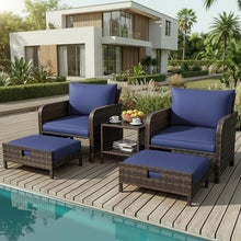 LEVELEVE Patio Conversation Set 5 Piece, Balcony Furniture Outdoor PE Rattan Wicker Lounge Chairs with Soft Cushions, 2 Ottomans & Glass Table for Porch Lawn, Brown (Blue Cushions