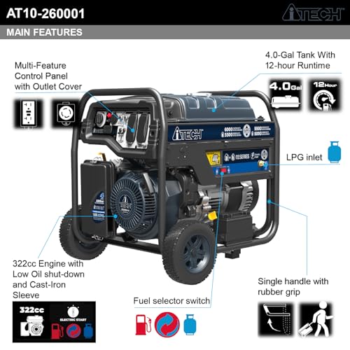 A-ITECH 6000W Portable Generator Dual Fuel, Electric Start, Gas & Propane Powered, CO Sensor, EPA&CARB, for Home Backup Emergency Ready (AT10-260001)