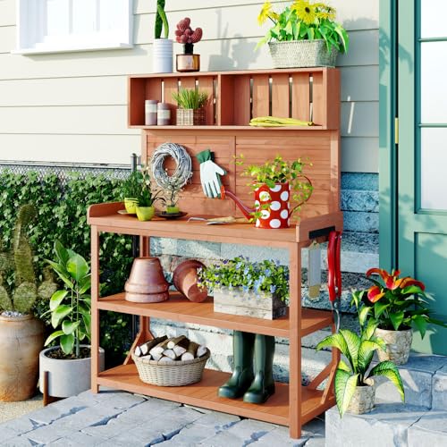 callmego Rustic Wooden Garden Potting Bench with Storage Shelves and Side Hook for Outdoor Patio Workstation and Planting Tasks (Natural + Solid Wood + Wood)