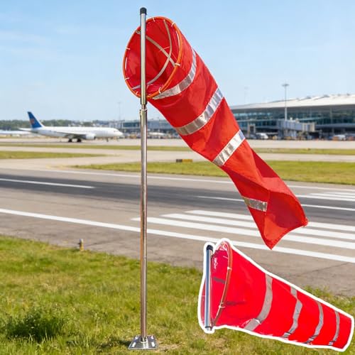 Airport Spinners Windsock Pole Kit, Wind Direction Measurement Sock Bag Outdoor, Reflective Winds Indicator Flags for Dock, Helipads, Farm(2.6 m pole)