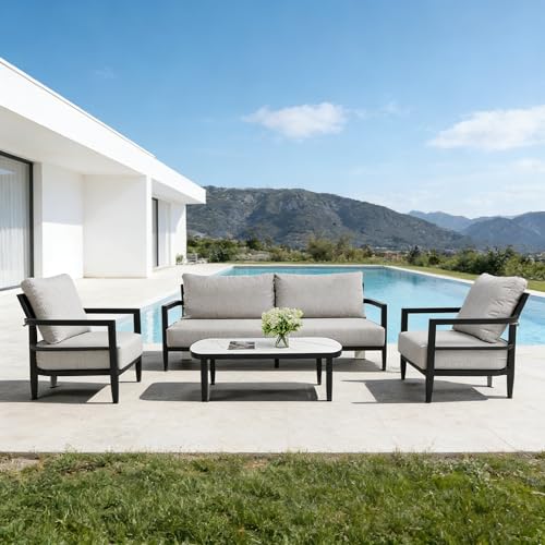 Nevoc Aluminum Outdoor Patio Furniture Set, 4 Piece Outdoor Sectional Metal Furniture Conversation Set with Loveseat Couch, 2 Club Chairs, 1 Marble Table