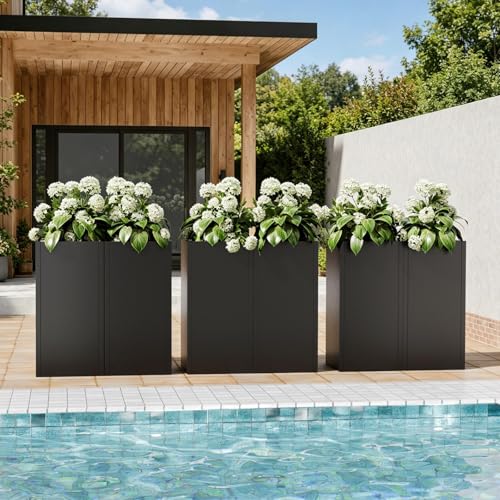 Trygoal Metal Tall Planters Box Set of 6-24 Modern Tall Square Planter for Outdoor Plants with Removable Insert Shelf, Heavy Duty Outdoor Planter Box for Porch/Door Decor Indoor Patio Office, Black