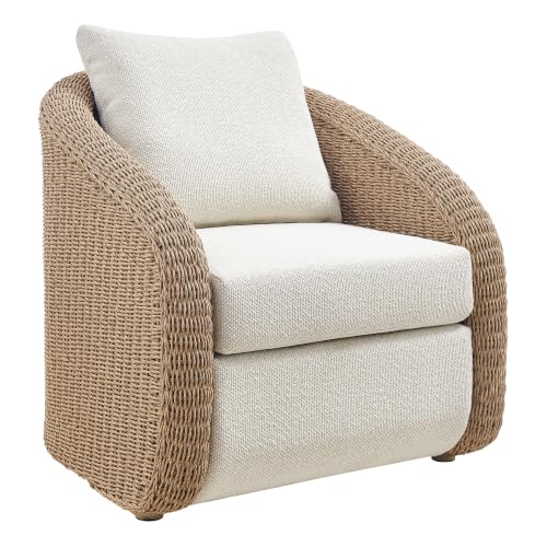 Armen Living Pavilion Natural Rattan and Metal Outdoor Lounge Chair with Boucle White Cushions