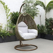 LeisureMod Wicker Rattan Hanging Egg Swing Chair with Stand & Cushion - Light Grey Swing Chair for Indoor/Outdoor, Patio, Bedroom, Lounge Seat