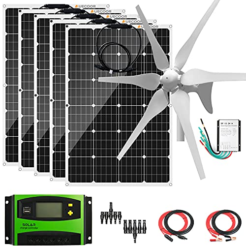 1000W Solar & Wind Power Kits Home Off-Grid System for Charging 12V Battery：400W Wind Turbine Generator + 5 pcs Flexible Mono Solar Panel + +Accessory