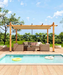 FinerFurnis Retractable Adjustable Canopy Aluminum Pergola – Imitation Wood Grain Column, Khaki, Metal Patio Gazebo, 10x13FT