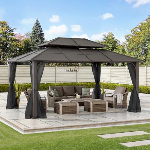 Sunjoy Hardtop Gazebo 12x16 ft Outdoor Heavy Duty Steel Frame Double Tiered with Ceiling Hook and Removable Netting Brown