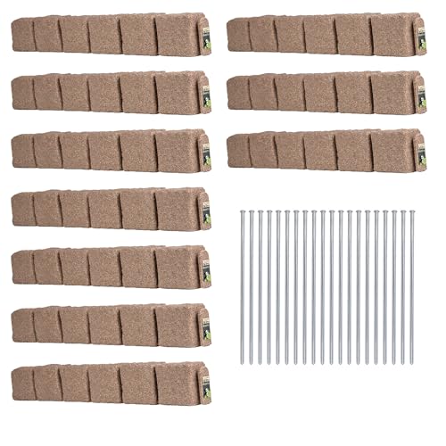 Beuta Landscape Edging | Garden Edging Border | Polyrock Blocks for Lawn Edging, Flower Beds & Yard Edging– 10 Pack | Each Section Has 6 Blocks 48" L x 4" W x 6.5" H | 20 Spikes | Cobblestone