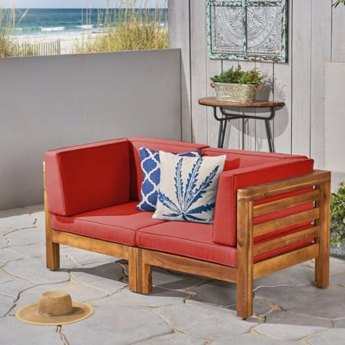 Hassyee 2 Pieces Patio Loveseat Set with Washable&Removable Cushions for Poolside, Backyard, Lawn, Acacia Wood Outdoor Furniture Set with Slatted Armrests and Backrests for Garden, Living Room (Red)