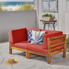 Hassyee 2 Pieces Patio Loveseat Set with Washable&Removable Cushions for Poolside, Backyard, Lawn, Acacia Wood Outdoor Furniture Set with Slatted Armrests and Backrests for Garden, Living Room (Red)